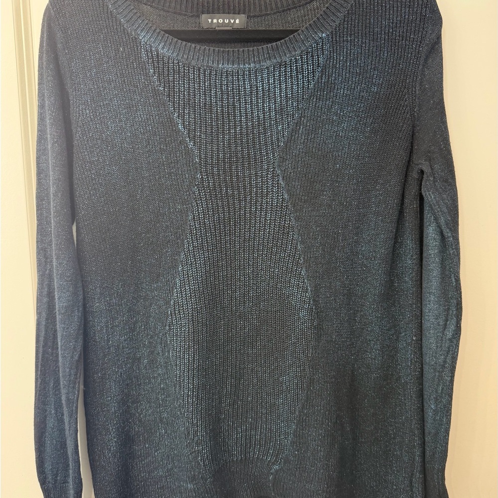 Trouve Women's Black Crew Neck Sweater with Metallic Blue Accents
